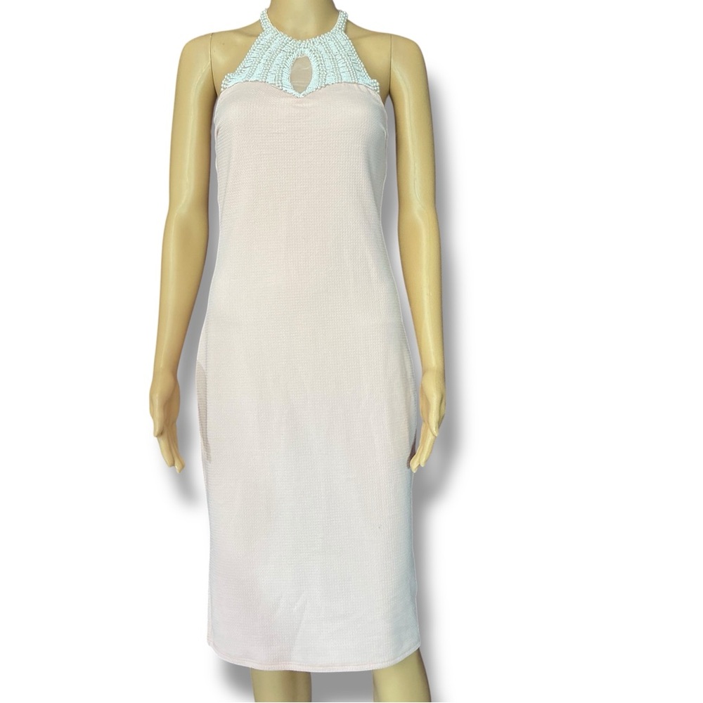 Beware Beaded Pearl Halter Top Halter-Neck With Tie In Back Peach Midi Dress